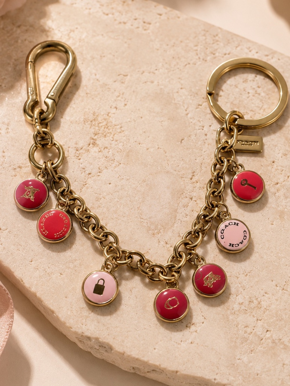 Coach Enamel Chain Bag Charm / Keychain – Pink & Red Charms Gold Tone – 9” Long